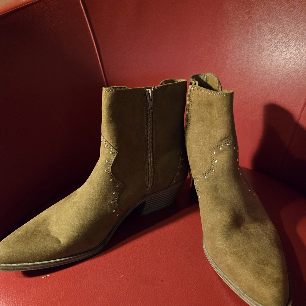 Tan Suede Ankle Boots with Studded Detail